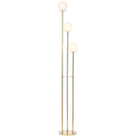 Litecraft Saucer Floor Lamp 3 Light With White Glass Ball Shades - Satin Brass