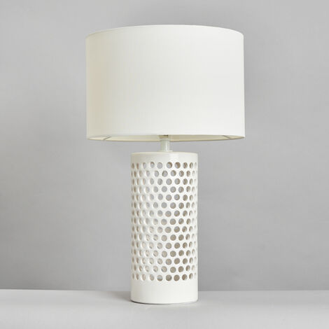 Litecraft White Table Lamp Pierced Ceramic Base With White Fabric Drum Shade