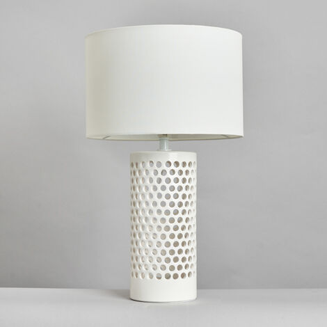 Litecraft White Table Lamp Pierced Ceramic Base With White Fabric Drum Shade