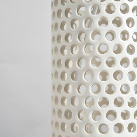 Litecraft White Table Lamp Pierced Ceramic Base With White Fabric Drum Shade
