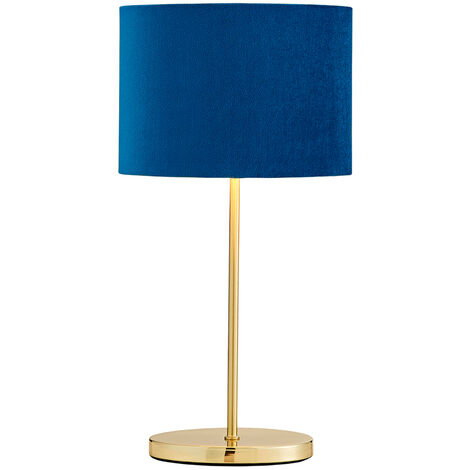 Litecraft Table Lamp Stick Base With Blue Oval Velvet Shade - Satin Brass