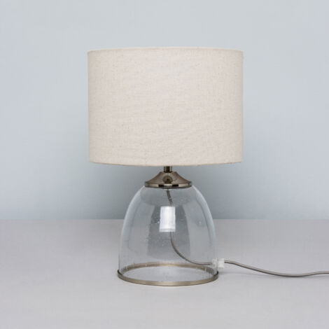 Litecraft Table Lamp Clear Glass Base With Natural Drum Shade - Satin Nickel