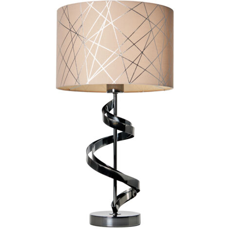 Spiral Metal Table Lamp with Mocha and Silver Fabric Shade E27 Base - Black