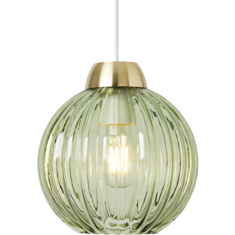 Litecraft Clara Light Shade Green Glass Ribbed Easy Fit Lampshade - Satin Brass