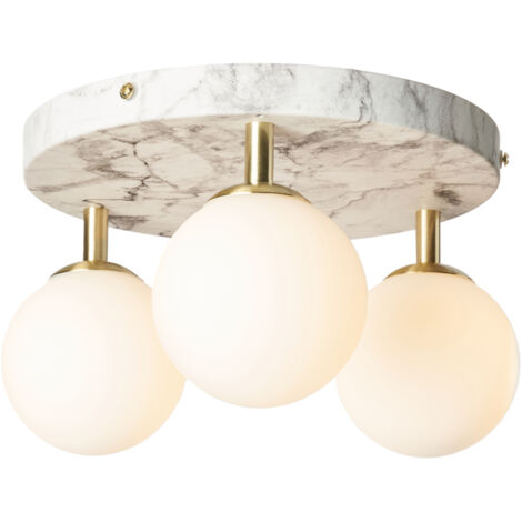 Litecraft Alanis Flush Mount Marble Effect Bathroom Ceiling 3 Light- Satin Brass