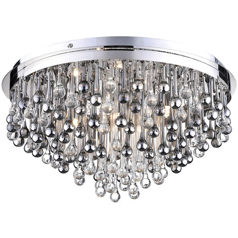 Litecraft Ceiling Light Flush Mount With Glass Teardrop Droplets - Polished Chrome