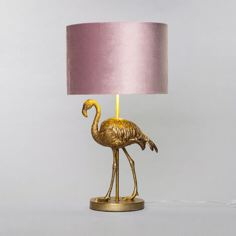 Litecraft Fliss Table Lamp Flamingo Style Base With Pink Velvet Shade - Brass