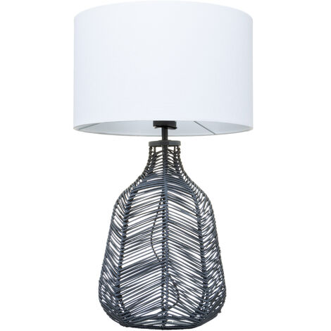 Litecraft Table Lamp Rattan Styled Base With White Drum Shade - Grey