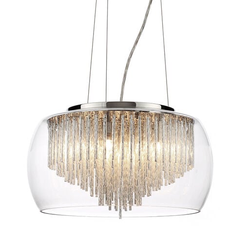 Litecraft Ceiling Pendant 5 Light With Glass Bowl Shade & Metal Rods - Polished Chrome