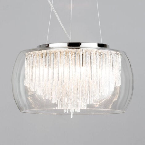 Litecraft Ceiling Pendant 5 Light With Glass Bowl Shade & Metal Rods - Polished Chrome