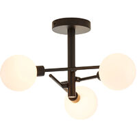 Litecraft Supa Ceiling Light Semi Flush 3 Arm With White Glass Shades - Black