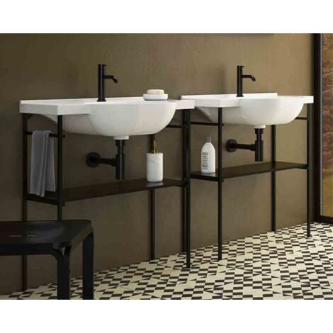 Lavabo in ceramica 80x49 cm Globo Mode ME080BI  Bianco - Ceramica - Con struttura a terra in acciaio nero opaco