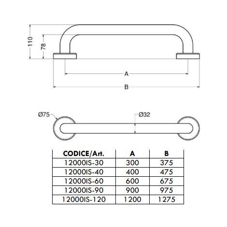 Maniglione lineare 40 cm per bagno disabili, Idral 12000V-40 in acciaio  inox spazzolato