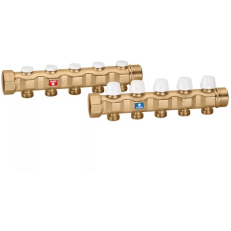 Coppia collettori completi di valvole di intercettazione e detentori 1 1/4" 3 derivazioni Caleffi 663735  1 1/4” - 3