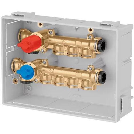 Collettori di distribuzione idrosanitaria preassemblati in cassetta con intercettazioni generali ispezionabili Caleffi 359490 Ottone