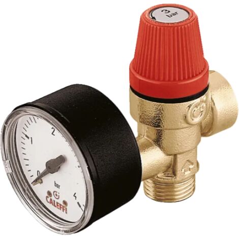 Valvola di sicurezza ordinaria certificata, con manometro. Attacchi 1/2", taratura 3 bar Caleffi 314430  1/2” - 3 bar