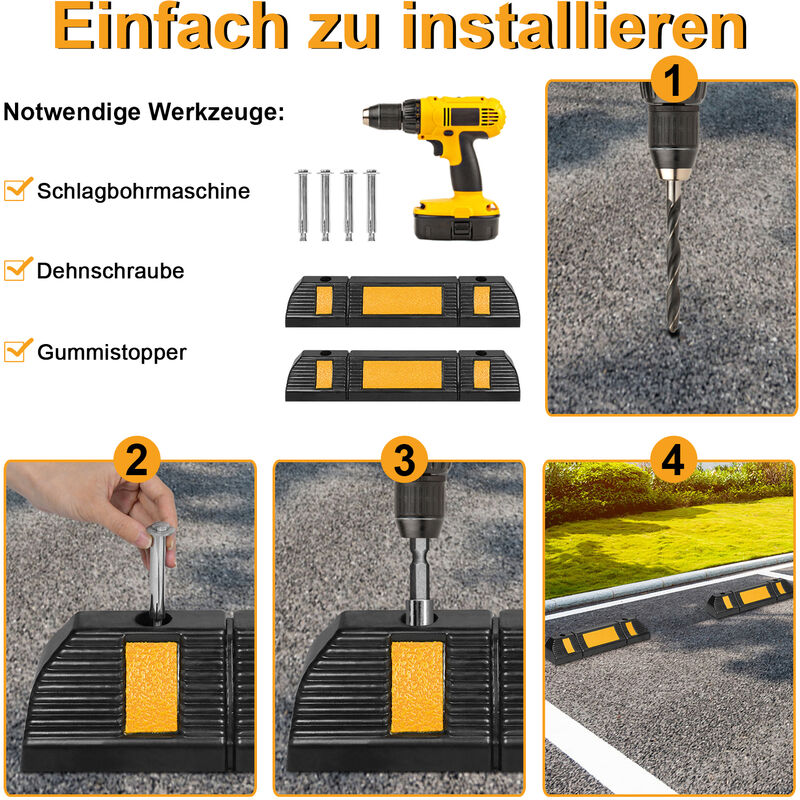 AUFUN 2er Set Radstopper Parkplatzbegrenzung Anfahrschutz, mit Gelb  Reflektierende Streifen für Parkplätze und Garagen 60x12x10 cm