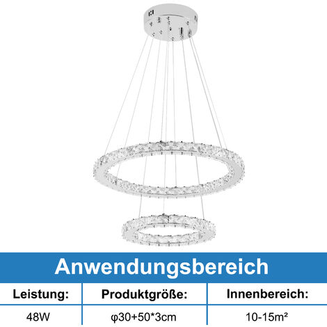 AUFUN 48W Moderne Kristall LED Design, Kreative Kronleuchter Hängelampe für Schlafzimmer Wohnzimmer Esszimmer (2 Ring , Dimmbar, 48W)