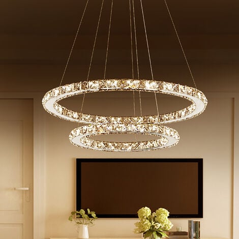 AUFUN 48W Moderne Kristall LED Design, Kreative Kronleuchter Hängelampe für Schlafzimmer Wohnzimmer Esszimmer (2 Ring , Dimmbar, 48W)