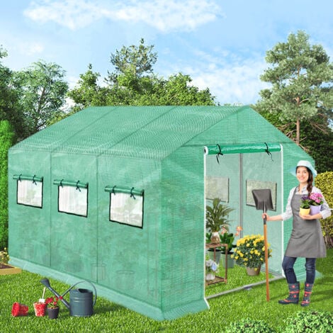 AUFUN Foliengewächshaus Gewächshaus 4.5x2x2m für Tomaten, mit Gitternetzfolie und Fernster, Winterfest Folientunnel, Pflanzenhaus, Mehrweg,Schrägdach, Grün…