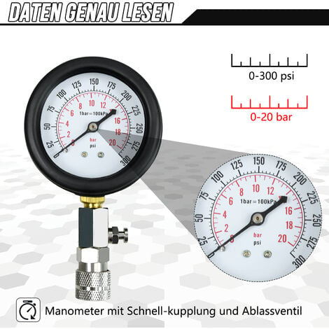 AUFUN Kompressionstester Kompressionsprüfer Standard KFZ Auto 0-20 bar oder  0-300 psi Motorrad Messgerät Test