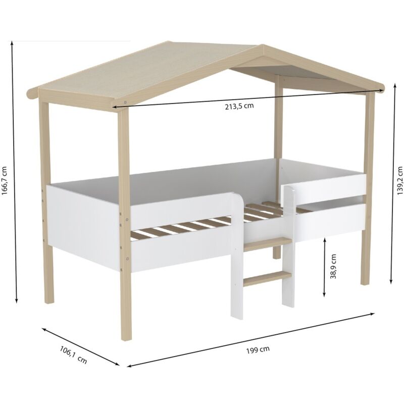 Lit cabane PILOTI 90x190 + 1sommier / Blanc et naturel