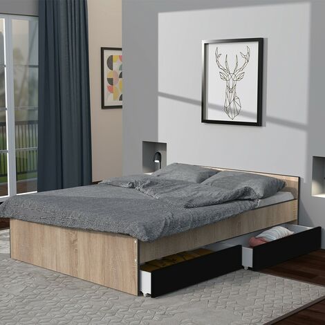 Le Quai Des Affaires – Lit KAPPA 140x190 cm avec 2 tiroirs – Décor chêne blanchi et noir – Dimensions 195x145x59 cm – Rangement optimisé