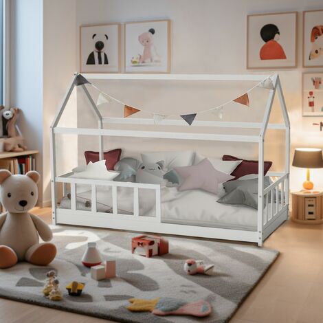 Le Quai Des Affaires – Lit cabane 90x190 cm blanc – Structure en pin massif – Barrière de sécurité 36 cm – Sommier à 13 lattes inclus