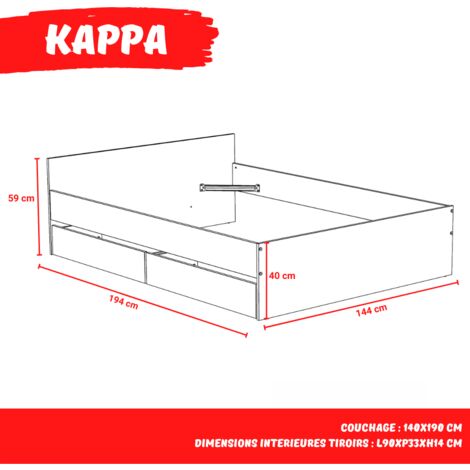 Lit KAPPA 140x190 cm + 2 tiroirs / Blanc/ 195x145x59
