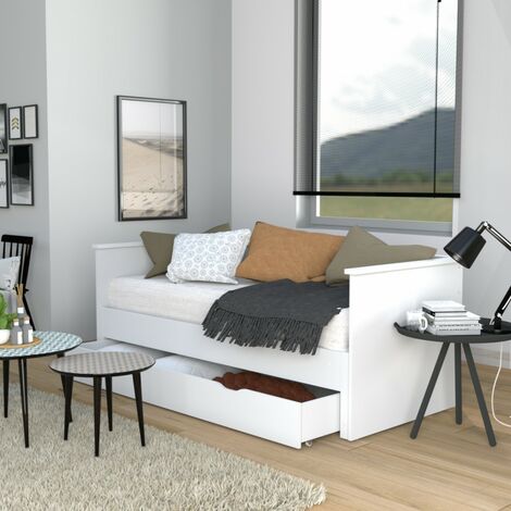 Le Quai Des Affaires – Lit banquette extensible 90x190 avec tiroir – Structure MDF et tilleul massif – 2 sommiers inclus – Finition blanc laqué
