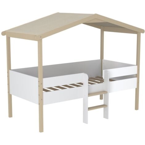 Lit cabane LE QUAI DES AFFAIRES Piloti - Blanc et naturel - 90x190 - 1 sommier - 213x107x166