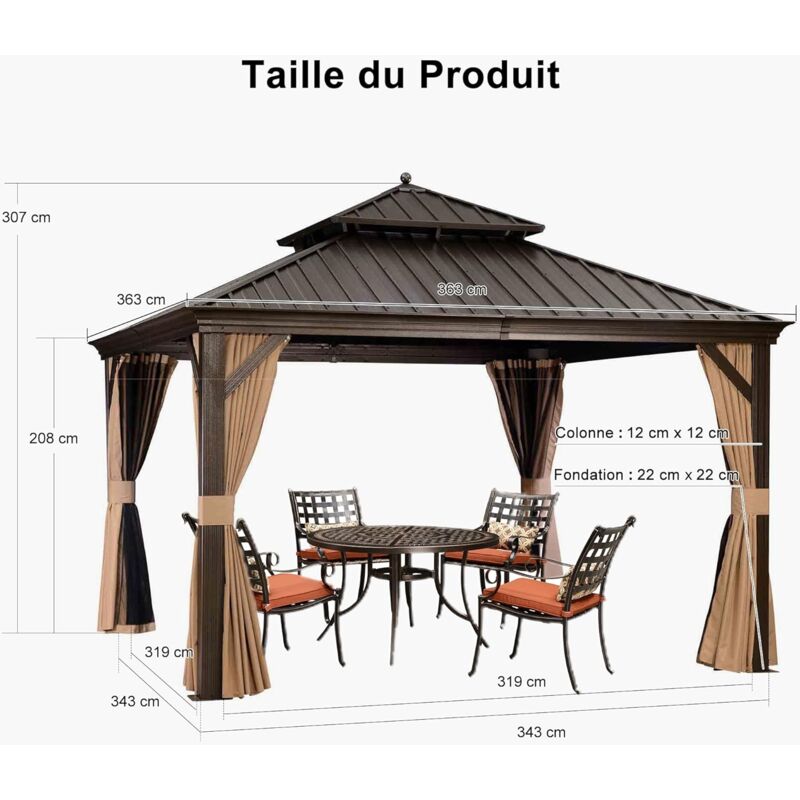 Pergola Jardin 3x3m PURPLE LEAF - Avec Moustiquaire Et Rideaux | Toit Double Aluminium Résistant