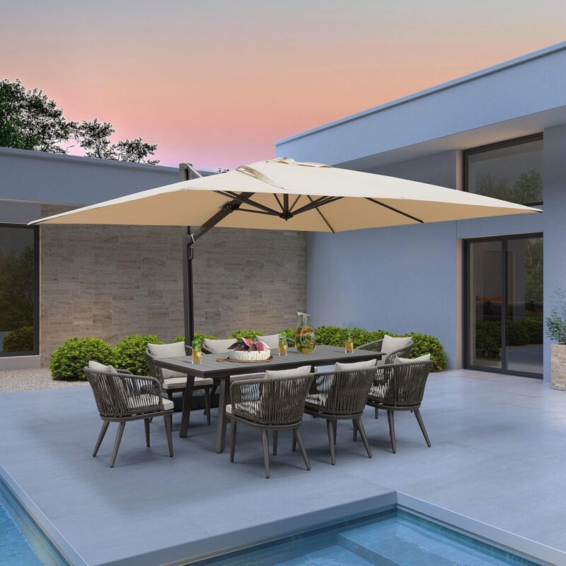 Parasol Déporté 3x3 M Grain De Bois - Cadre Aluminium, Rotation 360°, Inclinaison Réglable - Avec Pied 100 Kg - Pour Terrasse, Jardin, Piscine
