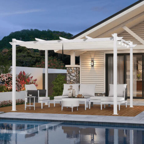 Purple Leaf – Pergola rétractable en aluminium 3 x 3 m – Cadre blanc avec double auvent pare-soleil – Résistante aux intempéries et UV