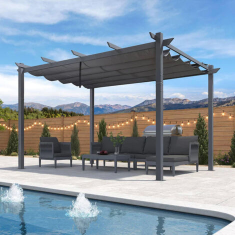 PURPLE LEAF Pergola Jardin Extérieure Rétractable en Aluminium, Cadre Gris Foncé, avec Double Auvent Pare-soleil, 4 x 3 m, Gris