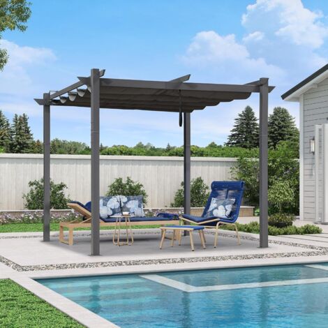 Purple Leaf – Pergola rétractable en aluminium 3x3m – Cadre gris – Double auvent pare-soleil UPF50+ – Structure stable et inoxydable – Montage facile