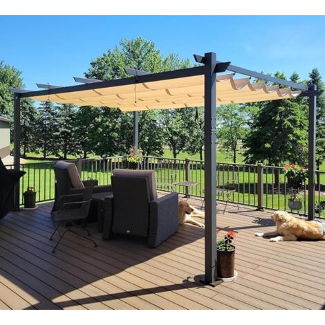 PURPLE LEAF Pergola Aluminium pour Terrasse Extérieur, Toit Coulissante, Pavillon De Jardin, 4.8 x 3.5 m, Beige