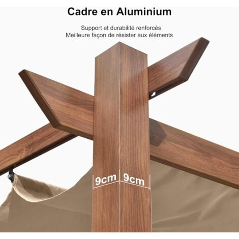 PURPLE LEAF Pergola Jardin Extérieure Rétractable en Aluminium, Cadre à Finition Imitation Bois, avec Double Auvent Pare-soleil, 4 x 3 m, Beige - 4
