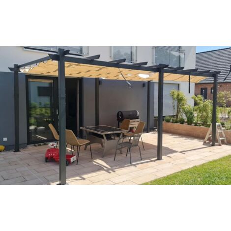 PURPLE LEAF Pergola Aluminium pour Terrasse Extérieur, Toit Coulissante, Pavillon De Jardin, 5.5 x 3.5 m, Beige