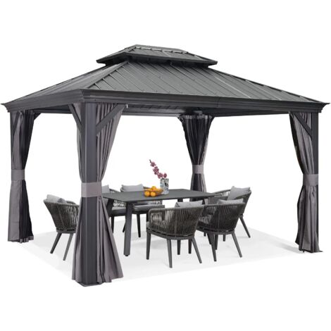 Purple Leaf – Tonnelle de jardin aluminium 4,25 x 3 m – Toit en acier galvanisé résistant jusqu'à 1200 kg – Moustiquaire et rideaux ajustables