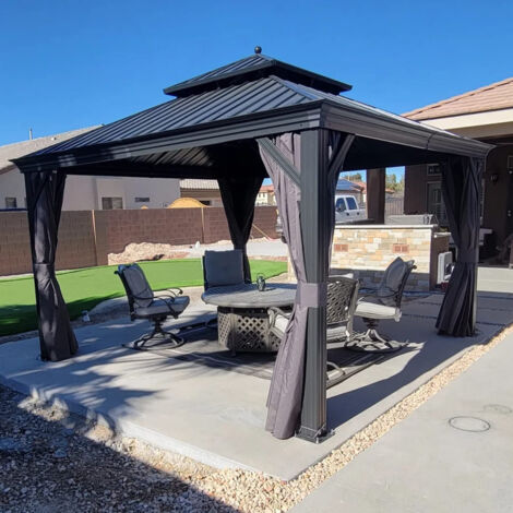 PURPLE LEAF Tonnelle de Jardin Extérieur Pergola Aluminium avec Moustiquaire et Rideaux Pavillon de Jardin à Double Toit Acier Galvanisé, 3.65 x 3.65 m, Gris