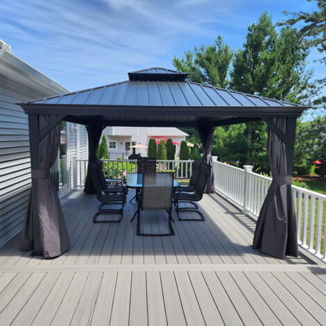 PURPLE LEAF Tonnelle de Jardin Extérieur Pergola Aluminium avec Moustiquaire et Rideaux Pavillon de Jardin à Double Toit Acier Galvanisé, 4.25 x 3.65 m, Gris