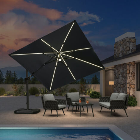 PURPLE LEAF Parasol Déporté en Aluminium 3 × 3 M Carré avec LED, Parasol de Jardin Extérieur Inclinable de Gauche à Droite, Adapté pour Balcon, Piscine, Terrasse, Gris
