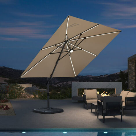 Purple Leaf – Parasol déporté 3 × 3 m en aluminium avec LED – Résistance UV UPF 50+ – Rotation 360° – Pied en croix inclus – Pour balcon, terrasse, jardin (1/5)
