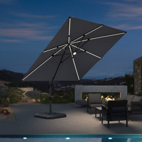 PURPLE LEAF Parasol Déporté en Aluminium 3 × 3 M Carré avec LED, Parasol de Jardin Extérieur, Adapté pour Balcon, Piscine, Terrasse, Jardin, Gris