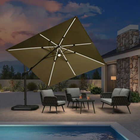 PURPLE LEAF Parasol Déporté en Aluminium 3 × 3 M Carré avec LED, Parasol de Jardin Extérieur Inclinable de Gauche à Droite, Adapté pour Balcon, Piscine, Terrasse, Beige