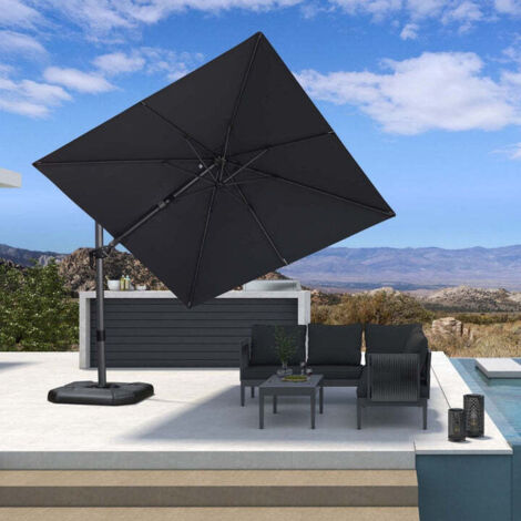 Purple Leaf – Parasol déporté en aluminium 2,7 × 2,7 m carré – Inclinaison 0 à 60° – Rotation 360° – Tissu polyester 240 g résistant aux UV – Base en croix