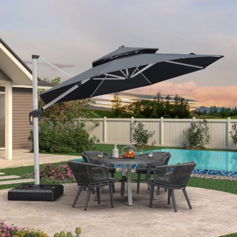 PURPLE LEAF Parasol Déporté en Aluminium 3,3 M Rond, Parasol Luxueux à Double Toit pour Piscine, Adapté pour Jardin, Balcon et Terrasse, Gris