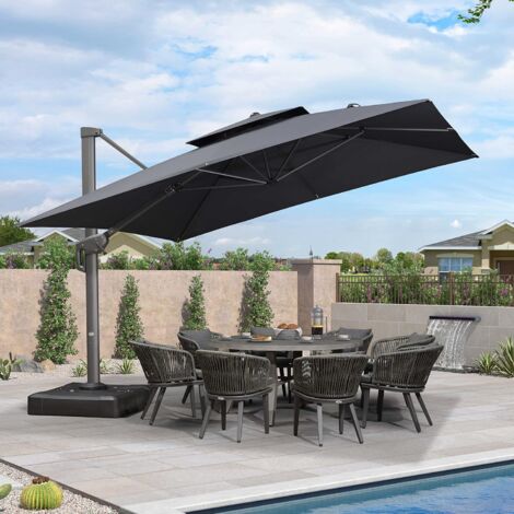 PURPLE LEAF Parasol Déporté Extérieur, Grand Parasol de Terrasse, Parasol de Jardin 3,65 x 3,65 m Carré à Double Toit Suspendu, Adapté pour Piscine, Balcon, Gris