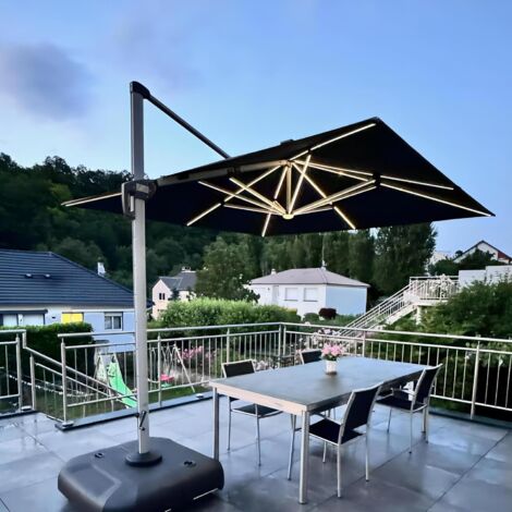 PURPLE LEAF Parasol Déporté Extérieur 3 x 3 M Carré avec LED, Parasol de Jardin Luxe, Adapté pour Piscine, Jardin, Balcon et Terrasse, Gris (1/4)